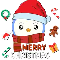 a penguin wearing a santa hat and scarf with the words merry christmas