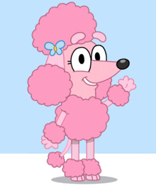 a pink poodle with a blue butterfly on its head