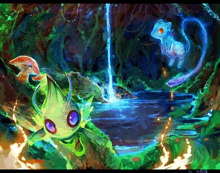 a painting of a waterfall with pokemon in it