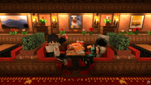 a couple of minecraft characters sitting at a table with food