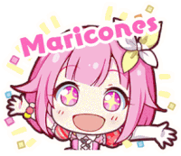 a cartoon girl with pink hair and a flower in her hair is surrounded by the words maricones