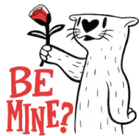 a cat is holding a rose with the words be mine below it