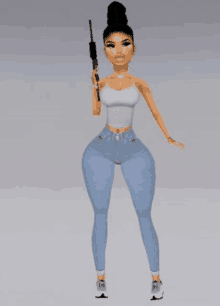 a cartoon girl is holding a gun and wearing a white tank top and blue jeans