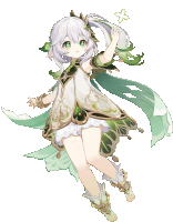 a little girl with white hair and green leaves is flying in the air