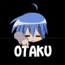 a blue haired anime character with the word otaku written on it .