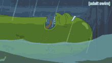 a cartoon of a pickle crying in the water with the words adult swim below it