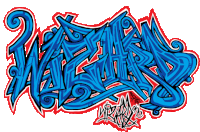 a blue and red graffiti drawing with the word wizzard on it