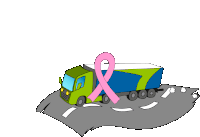 a green and blue truck with a pink ribbon on the back