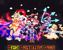 a group of cartoon characters with the words fight act item mercy on the bottom right