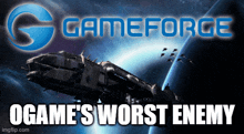 a poster for gameforge shows a space ship in the background