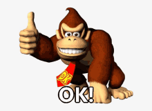 a donkey kong giving a thumbs up with the word ok behind him