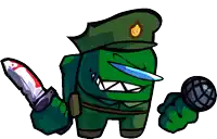 a green among us character is holding a bloody knife and a microphone