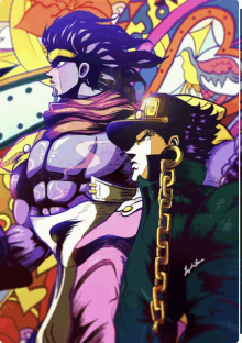 a cartoon drawing of jotaro and stardust crusaders with a purple background