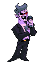 a cartoon character with horns is holding a microphone and smiling .