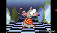 a cartoon of a mouse holding a cane in front of a mirror