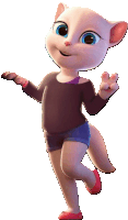 a cartoon cat wearing shorts and a sweater stands on one leg