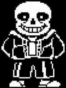 a pixel art drawing of sans from undertale in a black background .