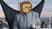 a man in a suit with a lion head on his head