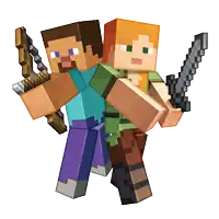 a couple of minecraft characters standing next to each other holding weapons