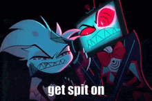 a cartoon character is standing next to another cartoon character with the words `` get spit on '' written on the bottom .