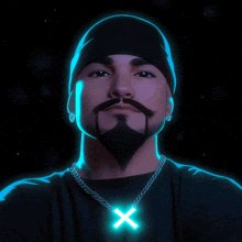 a man with a beard is wearing a chain around his neck with a neon x on it