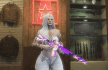 a woman holding a purple gun in front of a neon sign that says a