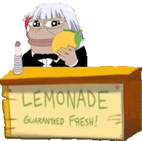 a cartoon character holding a lemon behind a lemonade stand that says lemonade guaranteed fresh