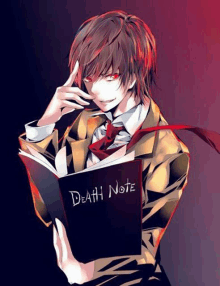 a man in a suit and tie is holding a death note book .