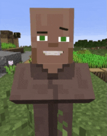 a minecraft character with green eyes is smiling