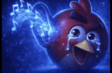 an angry bird is crying with music notes coming out of its wings