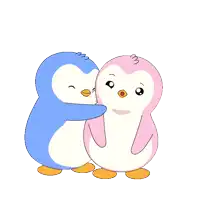 a blue and pink penguin hugging each other