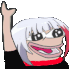 a cartoon character with white hair and black eyes is waving his hand .