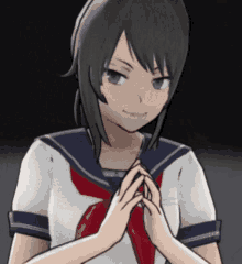 a girl in a school uniform has her hands folded