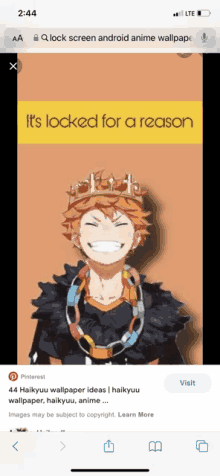 a phone screen shows a picture of a anime character with a crown on his head .