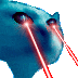 a blue cat with red lasers coming out of its eyes