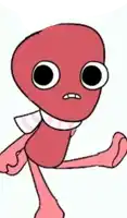 a red cartoon character with big eyes and a scarf around his neck is standing on one leg .