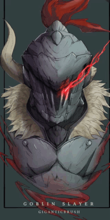 a drawing of a goblin slayer with red eyes