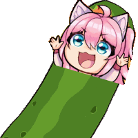 a cartoon girl with pink hair and blue eyes is wrapped in a pickle