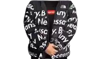 a person is wearing a black jacket with supreme written on it