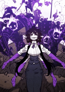 a drawing of a girl with purple gloves standing in front of a crowd of monsters