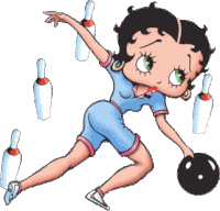 a cartoon of betty boop playing bowling with pins in the background