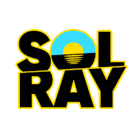 a black and yellow logo for sol ray with a blue sun in the middle