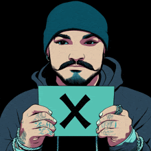 a man with a beard and mustache is holding a sign that says x