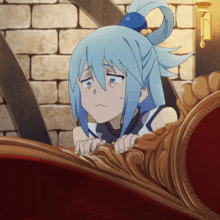 a girl with blue hair and a blue ball in her hair is looking at something