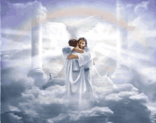 jesus is hugging a child in heaven with a dove and a rainbow behind them .