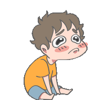 a cartoon drawing of a boy sitting down with a sad look on his face