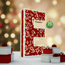 the letter e is decorated with christmas lights
