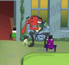 a cartoon drawing of a man and a purple spider in front of a building that says kid on it