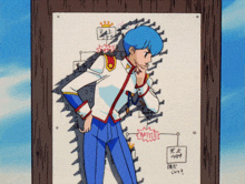 a drawing of a man with blue hair and a sign that says " battle "