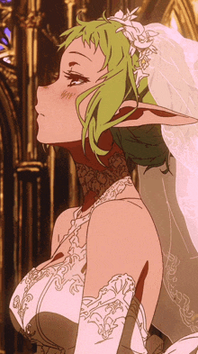 a girl with green hair is wearing a wedding dress